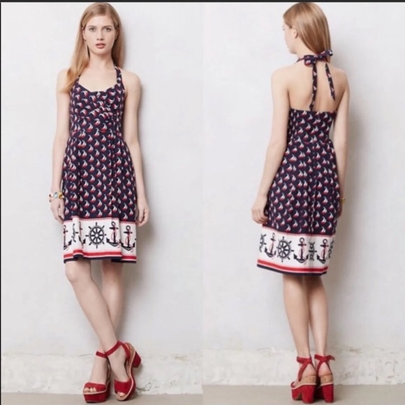 Anthropologie Postmark Windward Sailboat Nautical Halter Dress Size 0 - Picture 2 of 9
